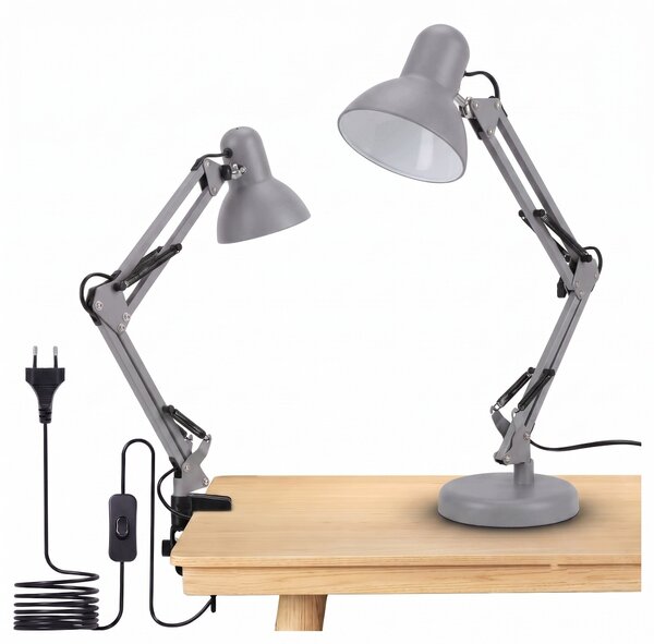 Šedá stolní lampa E27, nastavitelná, s klipsem, IP20