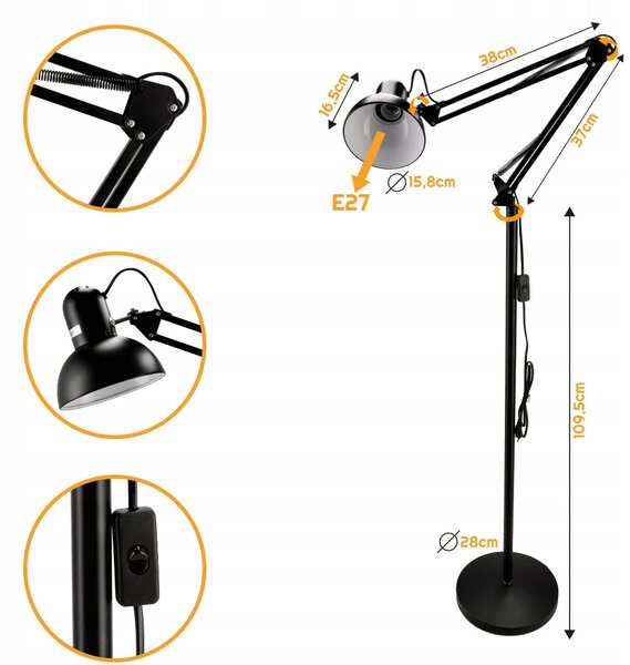 Černá stojací lampa E27 185 cm, nastavitelná