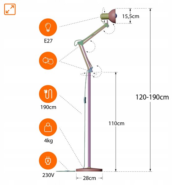 Bílá stojací lampa E27 185 cm, nastavitelná
