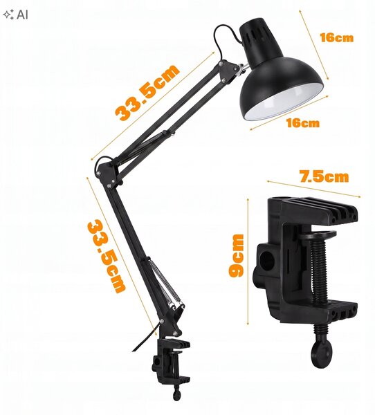 Černá stolní lampa E27, se svorkou, IP20