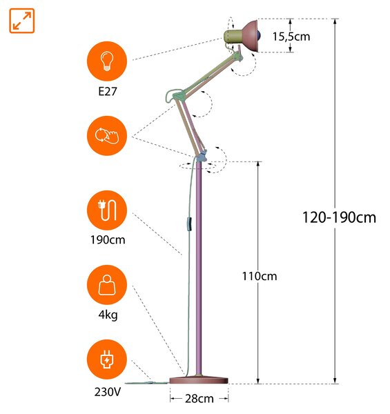 Stojací lampa E27 190 cm, nastavitelná