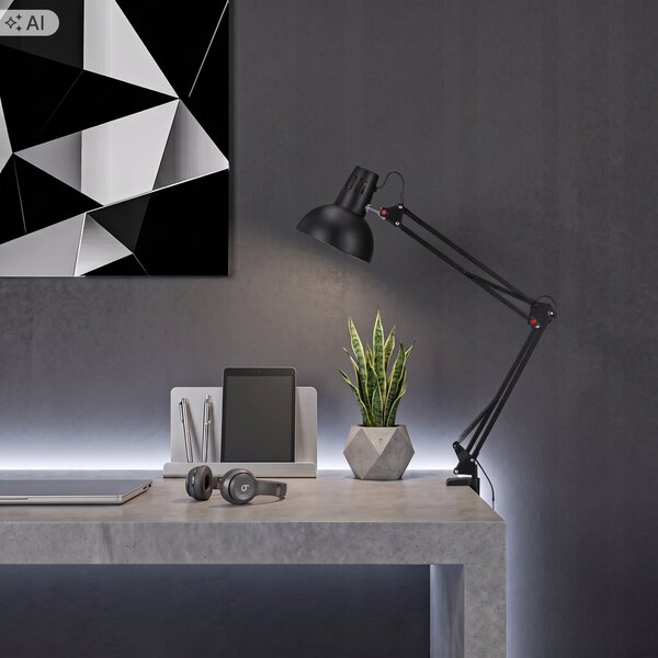 Černá stolní lampa E27, se svorkou, IP20