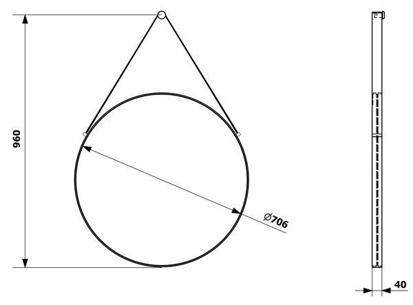 Sapho Sapho, ORBITER zrcadlo kulaté s koženým popruhem, ø 70cm, černá matná, ORT070