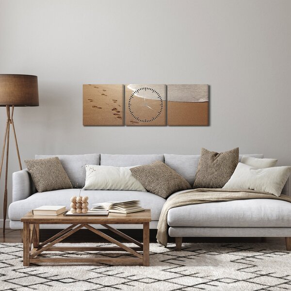 Obraz - stopy v písku a moře (s hodinami) (90x30 cm)