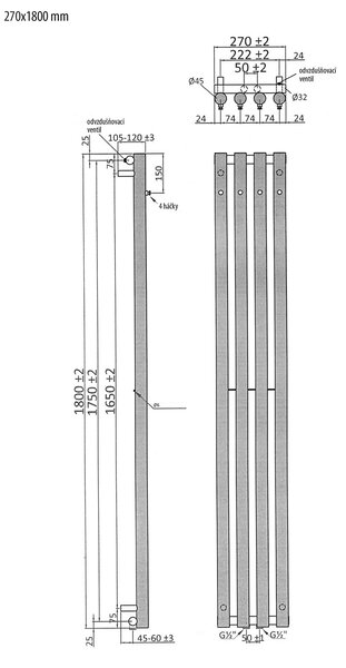 Sapho Sapho, PILON topné těleso 270x1800mm, se 4 háčky, chrom, IZ120T