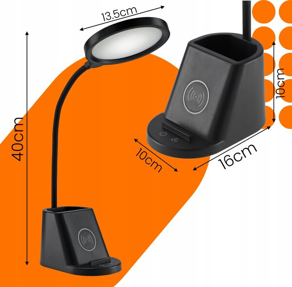LED stolní lampa, s bezdrátovým nabíjením, s dotykovým ovládáním, 3 režimy barvy světla, s organizérem