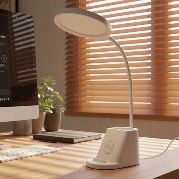 LED stolní lampa, s bezdrátovým nabíjením, s dotykovým ovládáním, nastavitelná, 3 režimy barvy světla, s organizérem