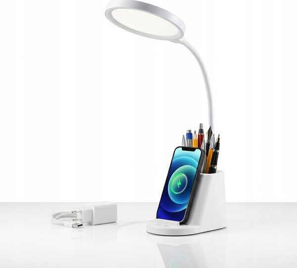 LED stolní lampa, s bezdrátovým nabíjením, s dotykovým ovládáním, nastavitelná, 3 režimy barvy světla, s organizérem