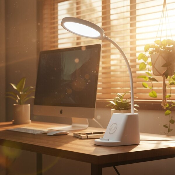 LED stolní lampa, s bezdrátovým nabíjením, s dotykovým ovládáním, nastavitelná, 3 režimy barvy světla, s organizérem