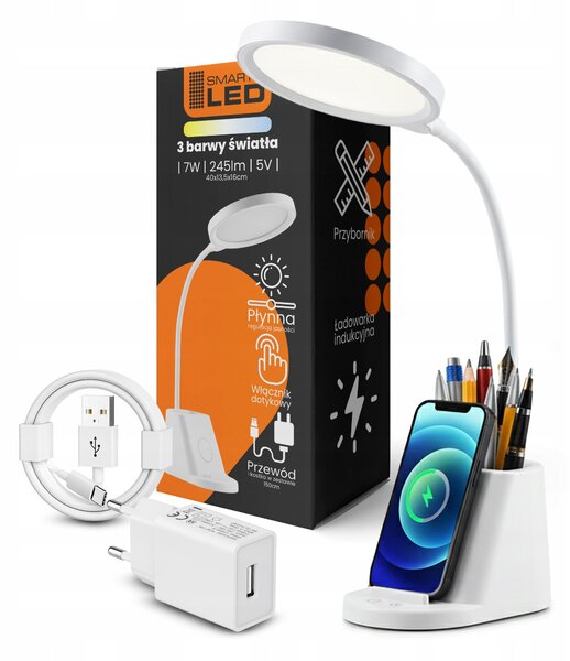 LED stolní lampa, s bezdrátovým nabíjením, s dotykovým ovládáním, nastavitelná, 3 režimy barvy světla, s organizérem
