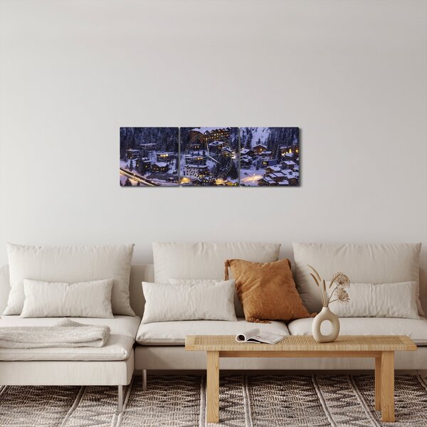 Obraz - horské zimní městečko (s hodinami) (90x30 cm)