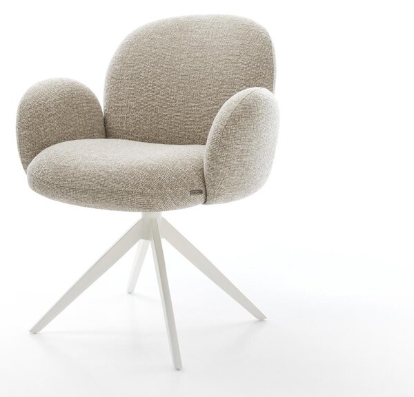 DELIFE Jídelní židle Nube-Flex s područkami tkanina Měkký béžová křížová podnož široká bílá 360° otočný houpací funkce taštičkové pružiny