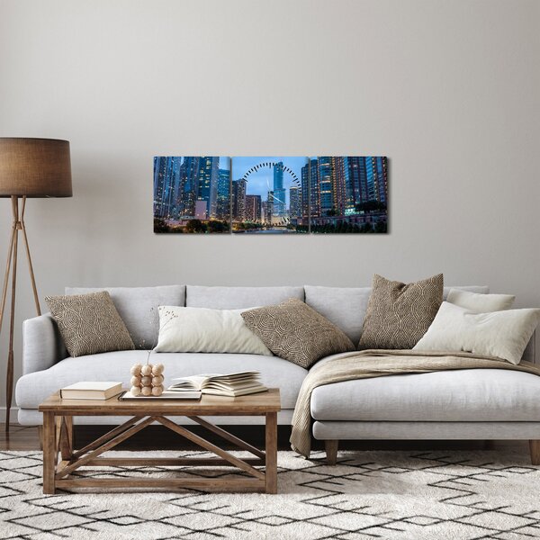 Obraz noční město (s hodinami) (90x30 cm)