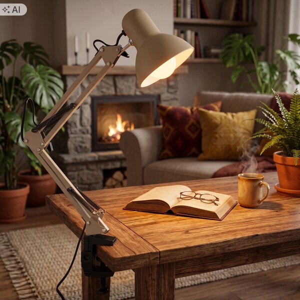 Béžová stolní lampa E27, nastavitelná, s klipsem, IP20