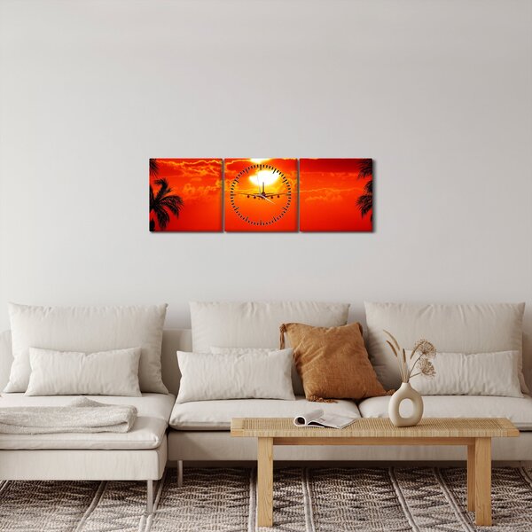 Obraz - západ slunce s letadlem (s hodinami) (90x30 cm)