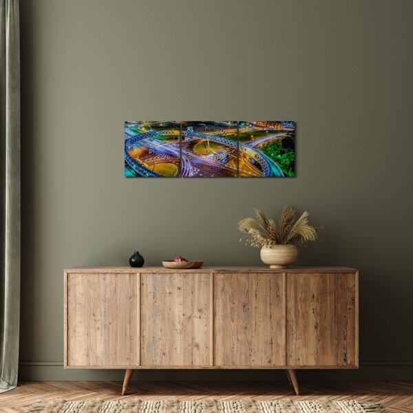 Obraz - panorama nočního města (s hodinami) (90x30 cm)