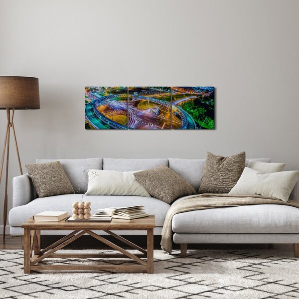Obraz - panorama nočního města (s hodinami) (90x30 cm)