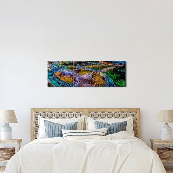Obraz - panorama nočního města (s hodinami) (90x30 cm)
