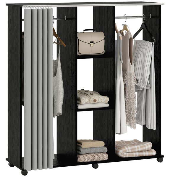 HOMCOM dřevěná mobilní dvoudílná šatní skříň s 6 kolečky, černá — 120 × 40 × 128 cm | Aosom