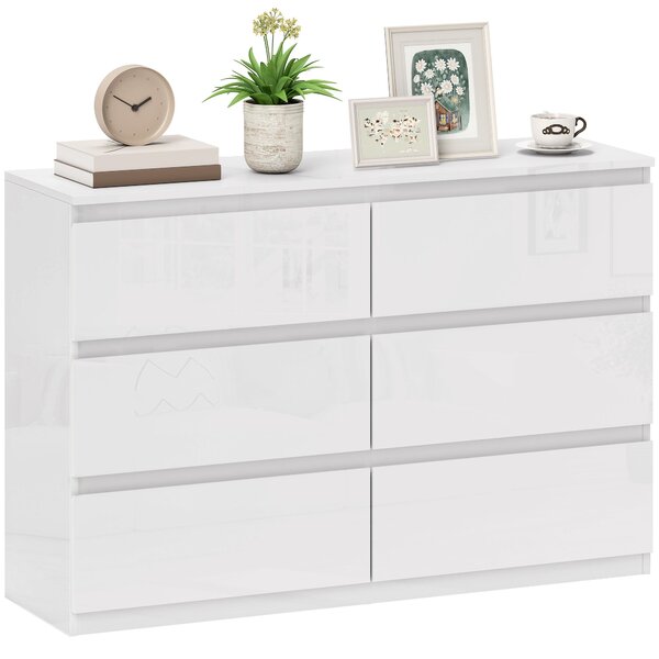 HOMCOM komoda se 6 zásuvkami, do ložnice, obýváku či předsíně, moderní bezúchytový styl, ochrana proti převrácení, 112 × 34 × 75 cm, bílá lesklá | Aos