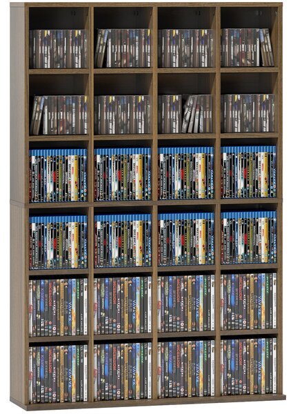 HOMCOM police na CD a DVD — pojme až 456 CD / 336 DVD, 24 nastavitelných přihrádek, 89 x 20 x 130,5 cm, hnědá | Aosom