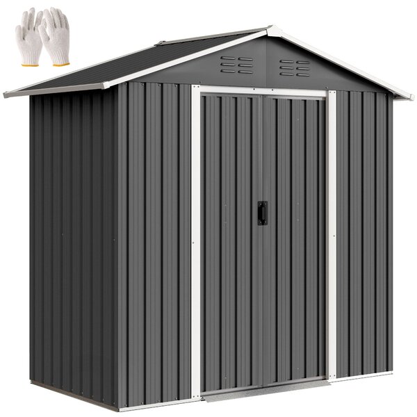 Outsunny plechový zahradní domek 1,8 m² – 194 × 107 × 191 cm, posuvné dveře & 4 větráky, tmavě šedý | Aosom