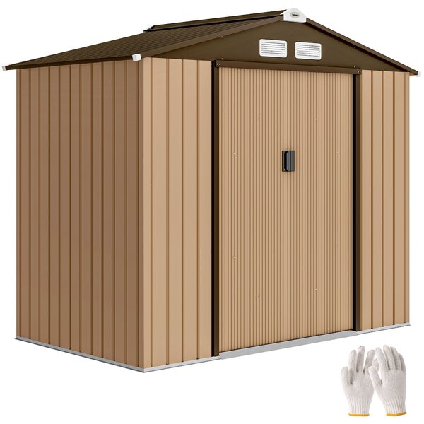 Outsunny pozinkovaný zahradní domek 2,42 m², 213 x 130 x 185 cm – posuvné dveře, ventilace a sada pro podezdívku, žlutý | Aosom