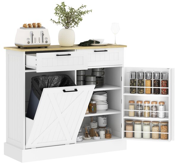 HOMCOM kuchyňská komoda se skrytým 38 l odpadkovým prostorem, 2 zásuvky, stojan na koření a pracovní deska, 100 × 36 × 90 cm, bílá | Aosom