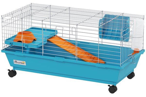 PawHut klec pro králíky a morčata s kolečky, napáječkou, miskou, krmítkem, plošinou a rampou, vyjímatelný podnos — 89 × 44 × 43 cm — modrá | Aosom