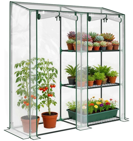 Outsunny miniskleník – 3 police, 2 rolovací dveře, ocelový rám s průhledným UV‑odolným krytem, 143 × 45 × 151 cm | Aosom