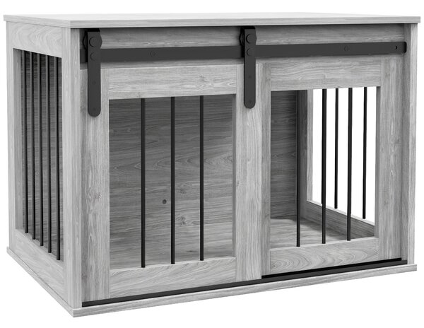 PawHut kovová psí klec s dřevodekorem, posuvné dveře a odkládací stolek, šedá — 80 × 54 × 57 cm | Aosom