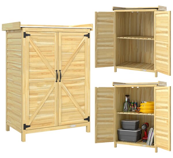 Outsunny venkovní smrková úložná skříňka s pozinkovanou pracovní deskou, policemi, dvojitými dveřmi a háčky — 71,5 × 39 × 95 cm, přírodní | Aosom
