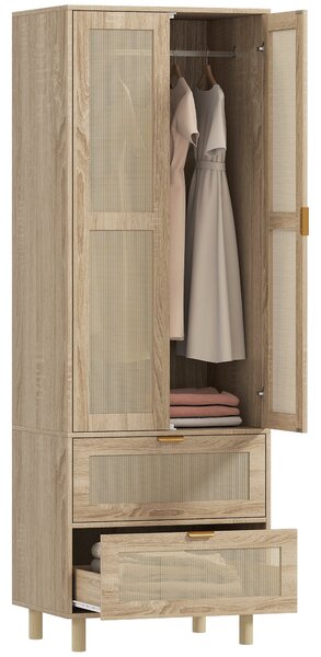 HOMCOM šatní skříň s ratanovými dveřmi, 2 zásuvkami a šatní tyčí — 63 × 47 × 185 cm, přírodní dřevo | Aosom