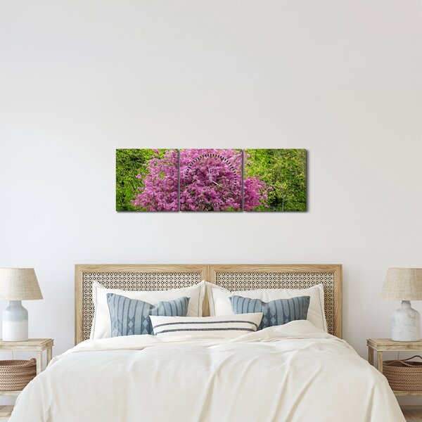Obraz rozkvetlého stromu na louce (s hodinami) (90x30 cm)