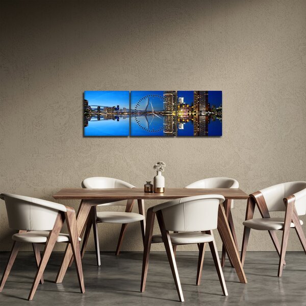 Obraz - noční Rotterdam (s hodinami) (90x30 cm)