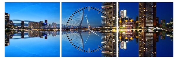 Obraz - noční Rotterdam (s hodinami) (90x30 cm)