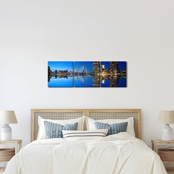 Obraz - noční Rotterdam (s hodinami) (90x30 cm)
