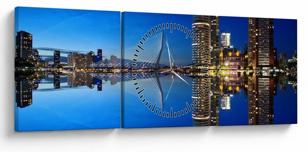 Obraz - noční Rotterdam (s hodinami) (90x30 cm)