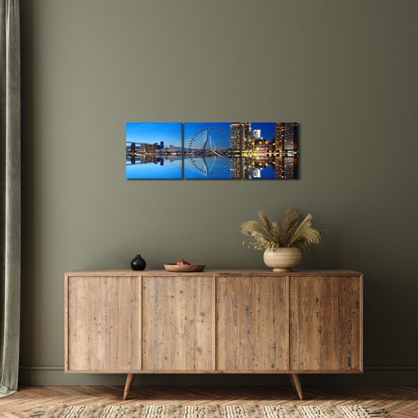 Obraz - noční Rotterdam (s hodinami) (90x30 cm)