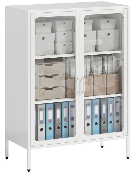 HOMCOM 2‑dveřová kartotéka z kaleného skla a oceli — nastavitelné police, 80 x 40 x 110 cm, bílá | Aosom