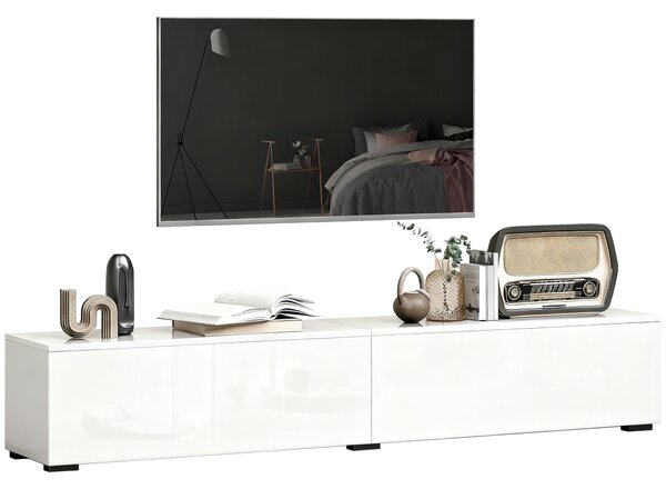 HOMCOM nástěnná TV skříňka, šířka 180 cm, pro TV do 191 cm — moderní obývací skříňka s bezúchytovými dvířky a průchodkami na kabely, lesklá bílá | Aos