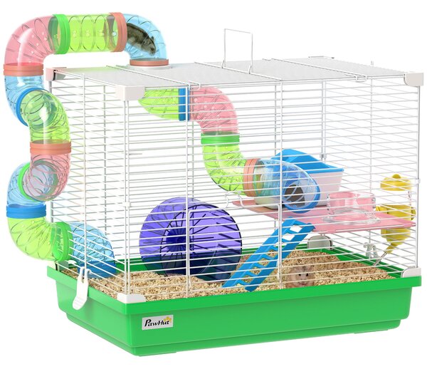 PawHut klec pro křečky — vícepodlažní domov s tunelem, miskou, napáječkou, úkrytem, rampou, běhacím kolem, plošinou a madlem, odnímatelný podnos — pro