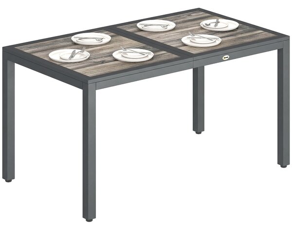 Outsunny obdélný zahradní jídelní stůl pro 4–6, deska s efektem dřeva (PSPC) a pozinkované ocelové nohy, 140 × 80 × 72 cm, tmavě šedý | Aosom