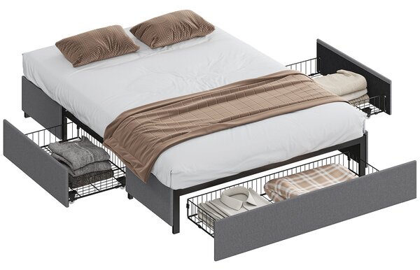 HOMCOM rám manželské postele 140 × 190 cm se 3 úložnými zásuvkami, kovový, šedý | Aosom