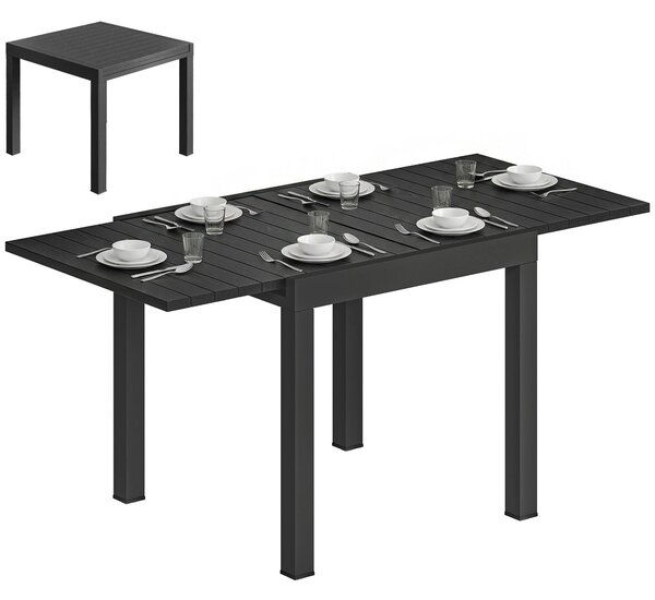 Outsunny rozkládací zahradní stůl pro 4–6 osob, 80/160 x 80 x 75 cm, obdélníkový hliníkový jídelní stůl s deskou v dekoru dřeva, černý | Aosom