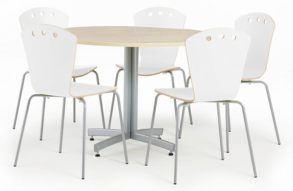 AJ Produkty Jídelní sestava SANNA + ORLANDO, stůl Ø1100 mm, bříza + 5 židlí, bílé