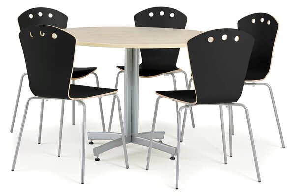AJ Produkty Jídelní sestava SANNA + ORLANDO, stůl Ø1100 mm, bříza + 5 židlí, černé