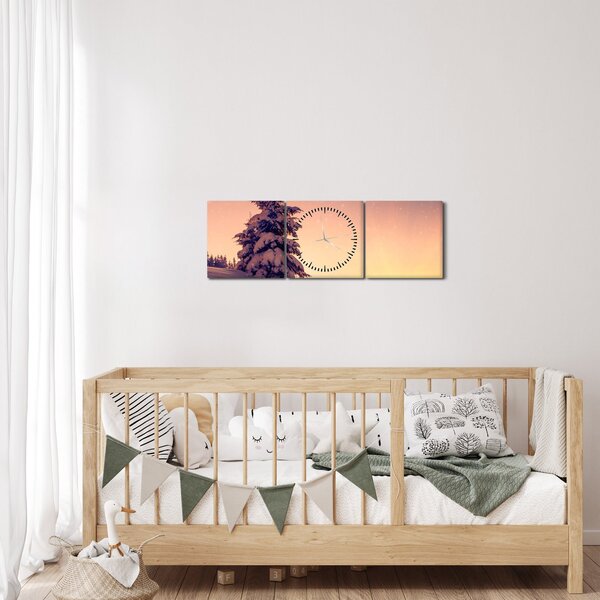 Obraz zasněženého stromu na louce (s hodinami) (90x30 cm)