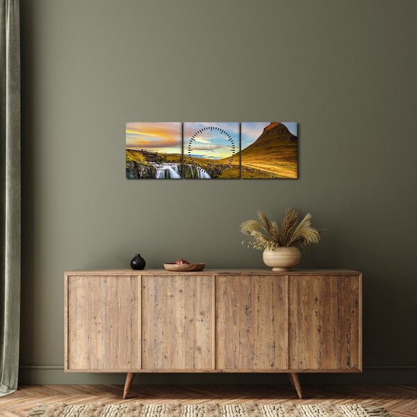 Obraz hory a vodopádů na Islandu (s hodinami) (90x30 cm)
