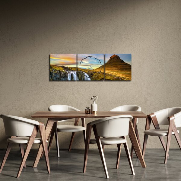 Obraz hory a vodopádů na Islandu (s hodinami) (90x30 cm)